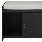 Benzara Bench with 2 Sliding Cabinets and Ring Pulls, Black BM261415 Black Wood and Fabric BM261415