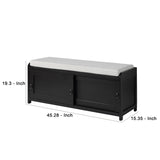 Benzara Bench with 2 Sliding Cabinets and Ring Pulls, Black BM261415 Black Wood and Fabric BM261415