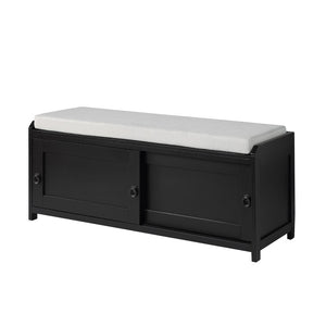 Benzara Bench with 2 Sliding Cabinets and Ring Pulls, Black BM261415 Black Wood and Fabric BM261415