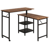 Rotatable Computer Desk with 2 Tier Shelves and Casters, Brown and Black