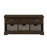 Benzara Storage Bench with 3 Pull Out Basket, Dark Brown BM261423 Brown Solid wood, MDF BM261423