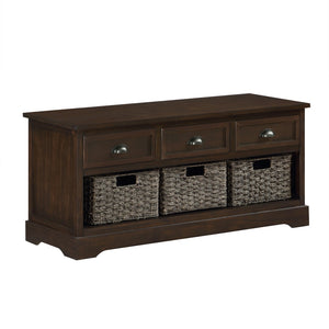 Benzara Storage Bench with 3 Pull Out Basket, Dark Brown BM261423 Brown Solid wood, MDF BM261423