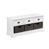 Benzara Storage Bench with 3 Pull Out Basket, White BM261424 White Solid wood, MDF BM261424