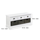 Benzara Storage Bench with 3 Pull Out Basket, White BM261424 White Solid wood, MDF BM261424