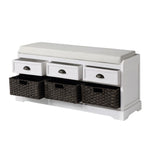 Benzara Bench with 3 Drawers and 3 Pull Out Woven Backets, White BM261427 White MDF and Fabric BM261427