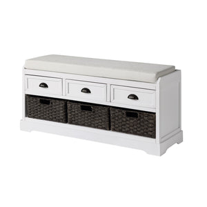 Benzara Bench with 3 Drawers and 3 Pull Out Woven Backets, White BM261427 White MDF and Fabric BM261427