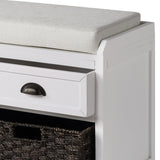 Benzara Bench with 3 Drawers and 3 Pull Out Woven Backets, White BM261427 White MDF and Fabric BM261427