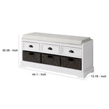 Benzara Bench with 3 Drawers and 3 Pull Out Woven Backets, White BM261427 White MDF and Fabric BM261427