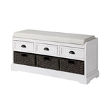 Bench with 3 Drawers and 3 Pull Out Woven Backets, White