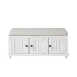 Benzara Bench with Cushioned Top and 2 Cabinets, White BM261435 White MDF and Fabric BM261435