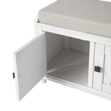 Benzara Bench with Cushioned Top and 2 Cabinets, White BM261435 White MDF and Fabric BM261435