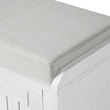 Benzara Bench with Cushioned Top and 2 Cabinets, White BM261435 White MDF and Fabric BM261435