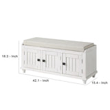 Benzara Bench with Cushioned Top and 2 Cabinets, White BM261435 White MDF and Fabric BM261435