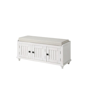 Benzara Bench with Cushioned Top and 2 Cabinets, White BM261435 White MDF and Fabric BM261435