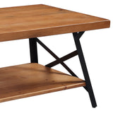 Benzara Coffee Table with Angled Metal Legs and X Accent, Rustic Brown BM261443 Brown Solid wood, Metal BM261443