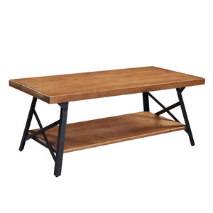 Benzara Coffee Table with Angled Metal Legs and X Accent, Rustic Brown BM261443 Brown Solid wood, Metal BM261443