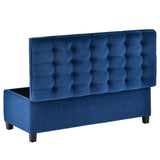 Benzara Storage Bench with Flip Button Tufted Top and sleek Legs, Blue BM261447 Blue Wood and Fabric BM261447