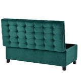 Benzara Storage Bench with Flip Button Tufted Top and Sleek Legs, Green BM261448 Green Wood and Fabric BM261448