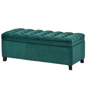 Benzara Storage Bench with Flip Button Tufted Top and Sleek Legs, Green BM261448 Green Wood and Fabric BM261448