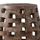 Benzara Side Table with Drum Shape and Cut Out Design, Small, Weathered Brown BM261502 Brown Solid Wood BM261502