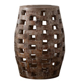 Benzara Side Table with Drum Shape and Cut Out Design, Small, Weathered Brown BM261502 Brown Solid Wood BM261502