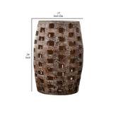 Benzara Side Table with Drum Shape and Cut Out Design, Large, Weathered Brown BM261503 Brown Solid Wood BM261503