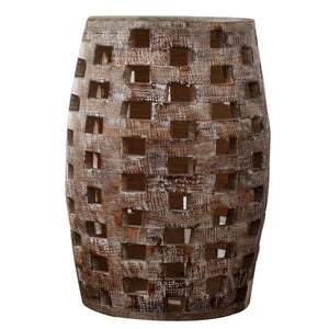 Benzara Side Table with Drum Shape and Cut Out Design, Large, Weathered Brown BM261503 Brown Solid Wood BM261503