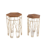 Nesting Side Table with Hexagonal Top, Set of 2, Brown and Gold