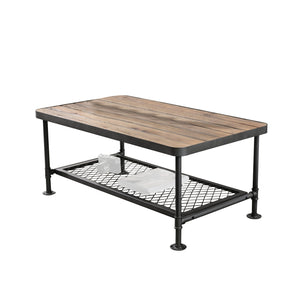 Benzara Coffee Table with Plank Top and Mesh Shelf, Brown and Gray BM261505 Brown and Gray Solid Wood and Metal BM261505