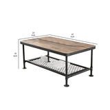 Benzara Coffee Table with Plank Top and Mesh Shelf, Brown and Gray BM261505 Brown and Gray Solid Wood and Metal BM261505