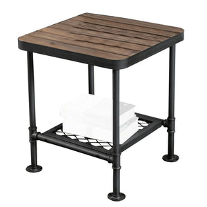 Benzara End Table with Plank Top and Mesh Shelf, Brown and Gray BM261506 Brown and Gray Solid Wood and Metal BM261506