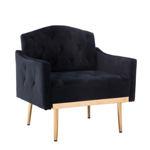 Benzara Accent Chair with Tufted Stitching and Metal Legs, Black and Gold BM261576 Black and Gold Wood, Metal and Fabric BM261576