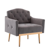 Accent Chair with Tufted Stitching Details and Metal Legs, Gray and Gold