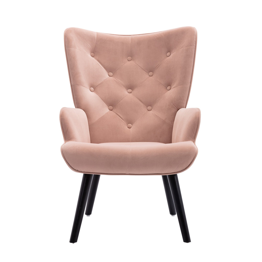 Benzara Accent Chair with Tall Button Tufted Back and Splayed Legs, Pink BM261620 Pink Solid wood, MDF, Fabric BM261620