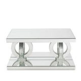 Benzara Coffee Table with Mirror Panel Framing and Double Pedestal Base, Silver BM261689 Silver Wood, Mirror and Faux Diamonds BM261689