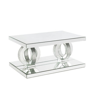 Benzara Coffee Table with Mirror Panel Framing and Double Pedestal Base, Silver BM261689 Silver Wood, Mirror and Faux Diamonds BM261689