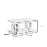 Benzara Coffee Table with Mirror Panel Framing and Double Pedestal Base, Silver BM261689 Silver Wood, Mirror and Faux Diamonds BM261689