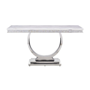 Benzara End Table with Faux Marble Top and Steel Base, White and Silver BM261695 White and Silver Metal and Faux Marble BM261695