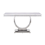 End Table with Faux Marble Top and Steel Base, White and Silver