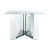 Benzara Console Table with Mirrored V Shaped Base, Silver BM261700 Silver Wood, Glass, Mirror and Faux Crystals BM261700