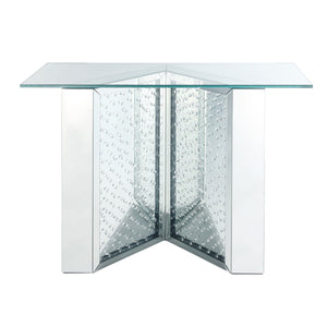 Benzara Console Table with Mirrored V Shaped Base, Silver BM261700 Silver Wood, Glass, Mirror and Faux Crystals BM261700