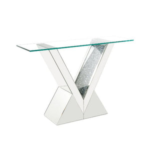 Benzara Console Table with Mirror Frame and V Pedestal Base, Silver BM261703 Silver Wood, Glass, Mirror and Faux Crystals BM261703