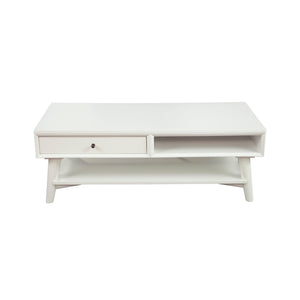 Benzara Coffee Table with 1 Drawer and Open Shelf, White BM261885 White Solid Wood and Veneer BM261885