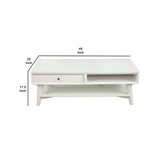 Benzara Coffee Table with 1 Drawer and Open Shelf, White BM261885 White Solid Wood and Veneer BM261885