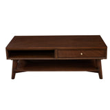 Benzara Coffee Table with 1 Drawer and Open Shelf, Walnut Brown BM261891 Brown Solid Wood and Veneer BM261891