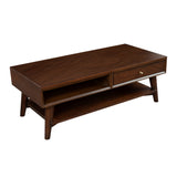 Benzara Coffee Table with 1 Drawer and Open Shelf, Walnut Brown BM261891 Brown Solid Wood and Veneer BM261891