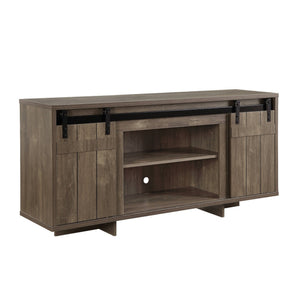 Benzara TV Stand with 4 Compartments and 2 Barn Sliding Door, Gray BM261946 Gray Wood BM261946