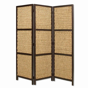 Benzara 3 Panel Wooden Framed Screen with Sea Grass Woven Design, Brown BM26459 Brown Hardwood and Sea Grass BM26459