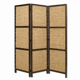 3 Panel Wooden Framed Screen with Sea Grass Woven Design, Brown