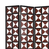 Benzara 3 Panel Room Divider with Symmetric Triangle Cutout Pattern, Small,Brown BM26478 Brown Wood and Faux leather BM26478